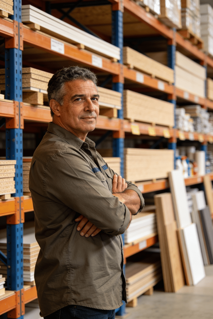Homem em armazém de madeira.